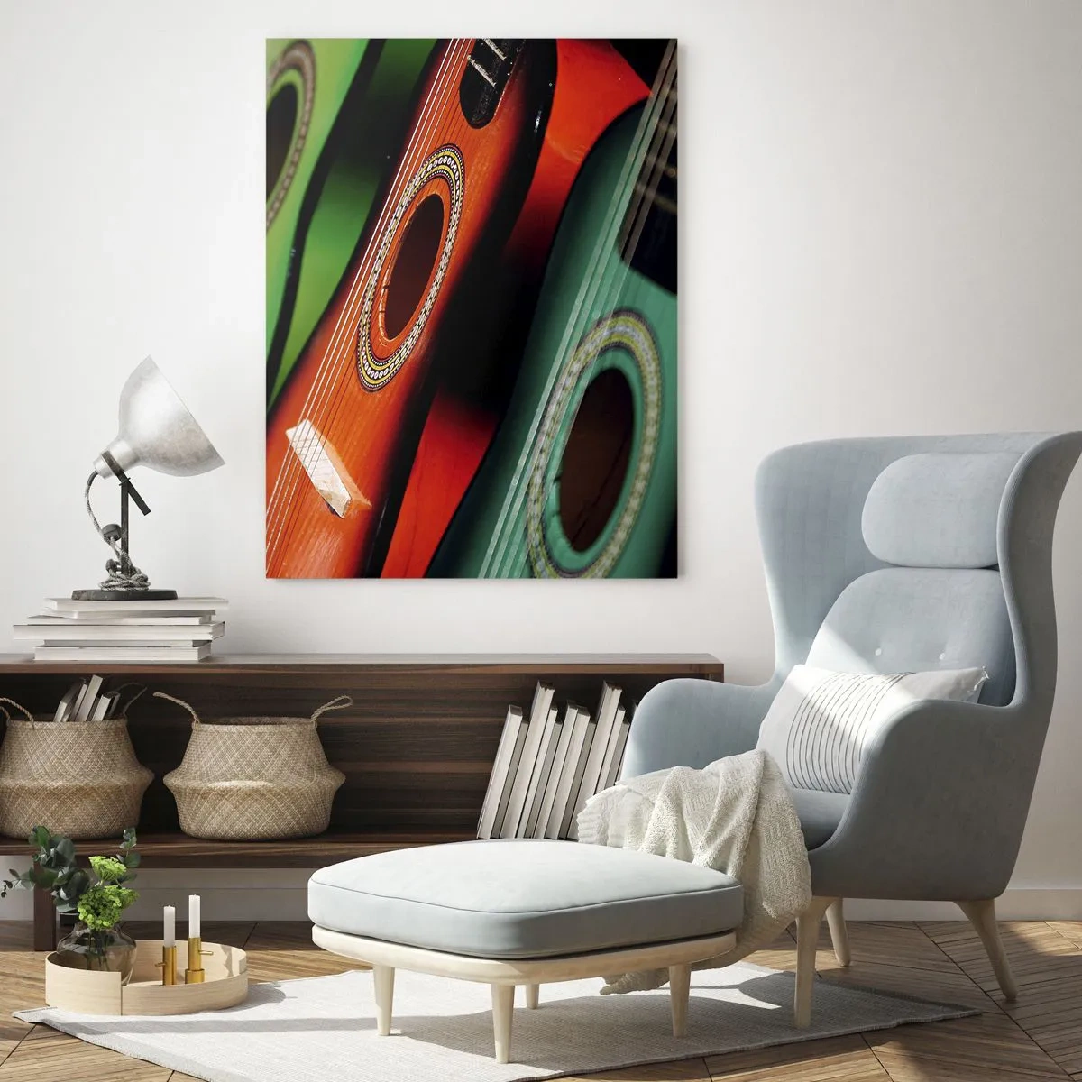 Obraz na szkle - Kolorowe gitary w rzędzie - 50x70cm - Gitara ma wiele barw - Nowoczesna dekoracja ścienna do salonu, kuchni i sypialni ARTTOR