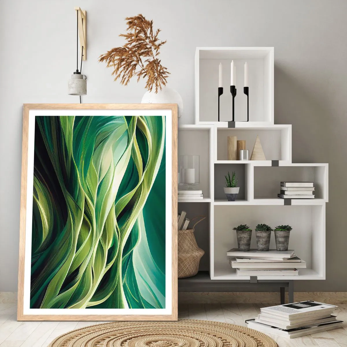 Plakat w ramie jasny dąb - Abstrakcyjna gra w zielone - 61x91 cm