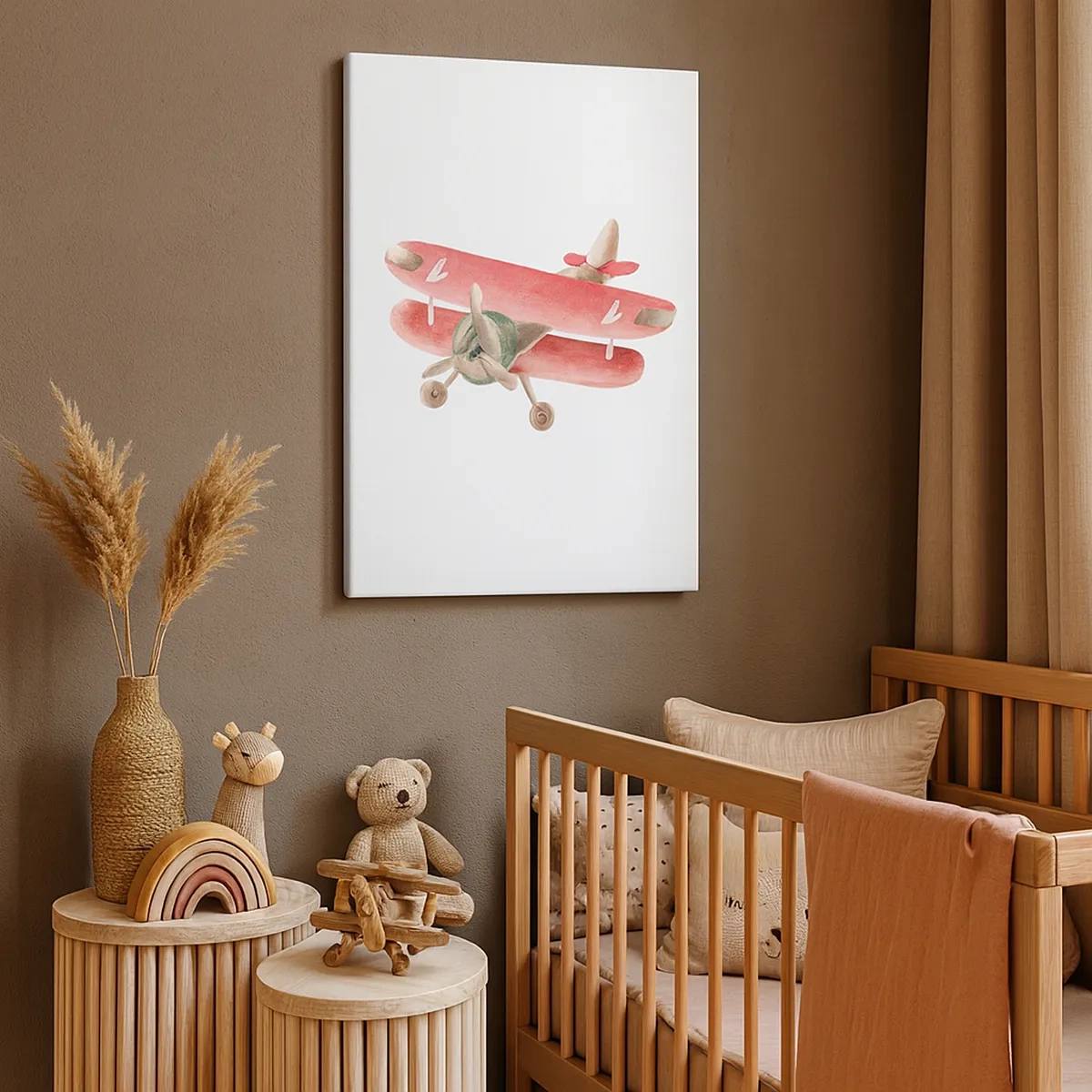 Obraz na płótnie - Akwarelowy czerwony dwupłatowiec z serduszkami na skrzydłach - 50x70cm - Gotowy do wysokich lotów - Nowoczesna dekoracja ścienna do salonu, kuchni i sypialni ARTTOR