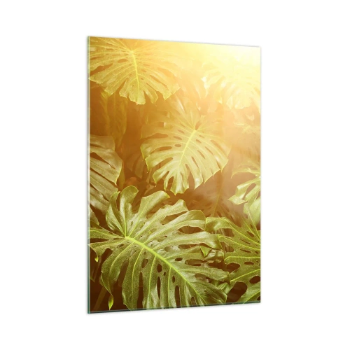 Obraz na szkle - Zielone liście monstery w złotym świetle tropikalnego słońca - 50x70cm - W zieloność wstąpić… - Nowoczesna dekoracja ścienna do salonu, kuchni i sypialni ARTTOR