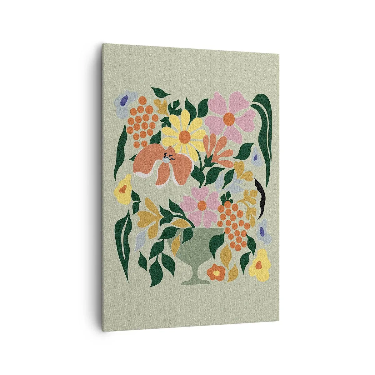 Obraz na płótnie - Kolorowa kompozycja kwiatowa w wazonie na zielonym tle - 70x100cm - Bukiet kipiący życiem - Nowoczesna dekoracja ścienna do salonu i sypialni ARTTOR