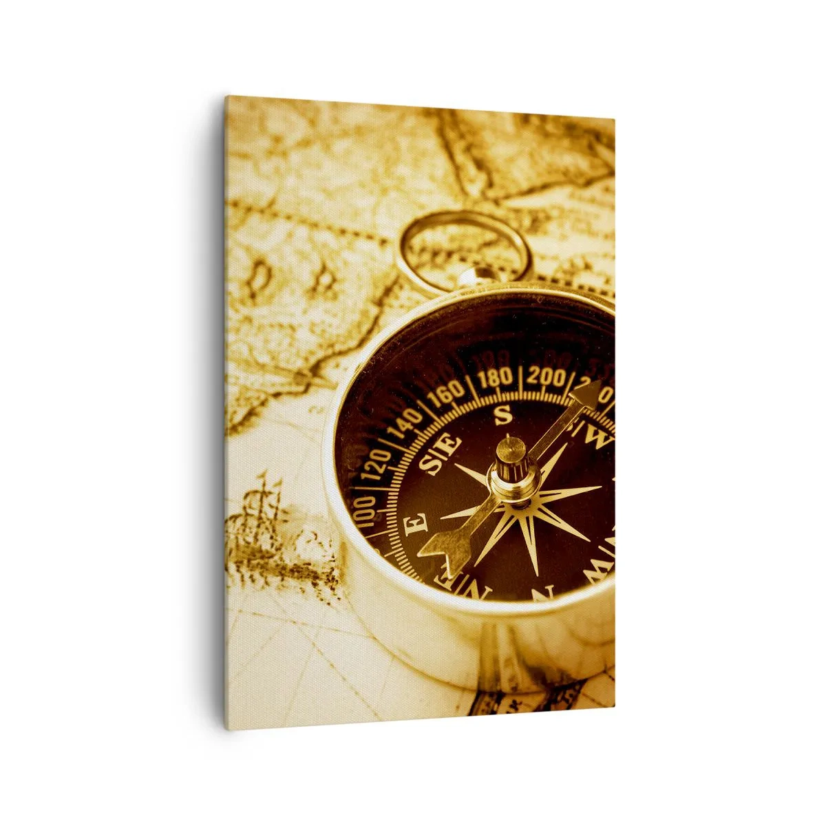 Obraz na płótnie - Zabytkowy kompas na tle starej mapy świata - 70x100cm - Na wschód czy na zachód? - Nowoczesna dekoracja ścienna do salonu i sypialni ARTTOR