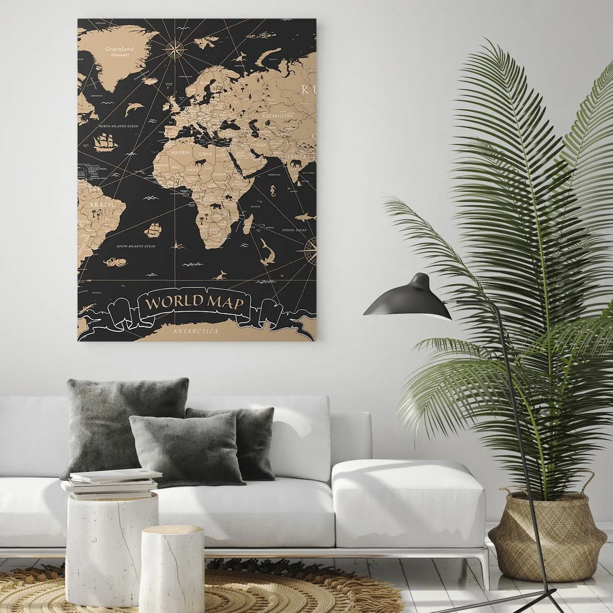 Obraz na szkle - Stylizowana mapa świata w odcieniach beżu i czerni - 50x70cm - Granice mojego świata - Nowoczesna dekoracja ścienna do salonu, kuchni i sypialni ARTTOR