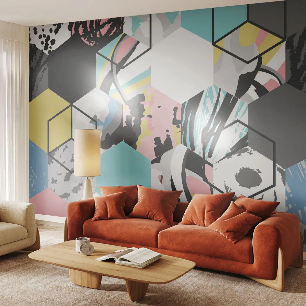 Fototapeta Premium Sand - Geometryczny wzór sześciokątów z abstrakcyjnymi akcentami - 100x70cm - Sześciokąty i sześciany w sześciu barwach - Nowoczesna dekoracja ścienna do salonu, kuchni i sypialni ARTTOR