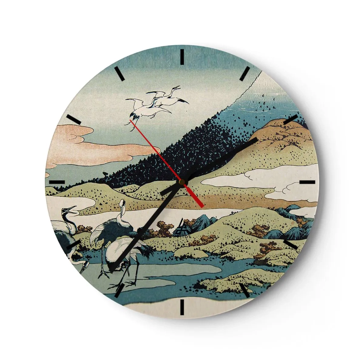 Zegar ścienny - Japońska scena z ptakami na tle górskiego krajobrazu - 30x30cm - W japońskim duchu - Nowoczesna dekoracja ścienna do salonu, kuchni i sypialni ARTTOR