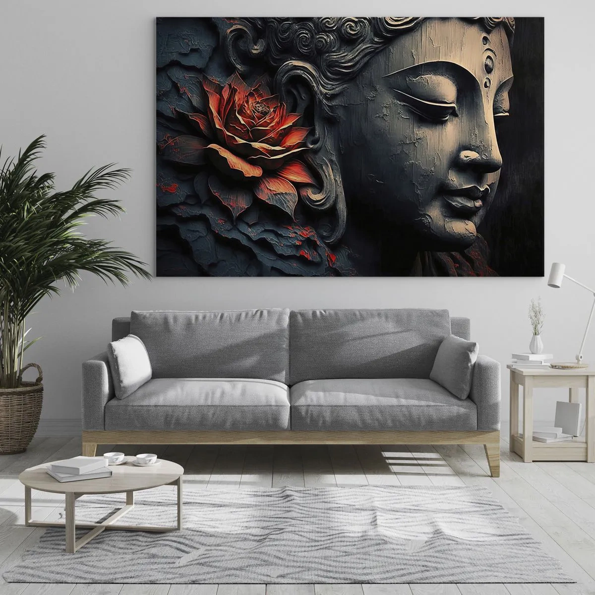 Obraz na szkle - Profil medytującej postaci z czerwonym kwiatem na ciemnym tle - 70x50cm - W zgodzie ze światem - Nowoczesna dekoracja ścienna do salonu i sypialni ARTTOR