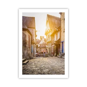 Plakat - Urokliwa uliczka z kamienicami w promieniach zachodzącego słońca - 50x70cm - Biały duch miasteczka - Nowoczesna dekoracja ścienna do salonu, kuchni i sypialni ARTTOR
