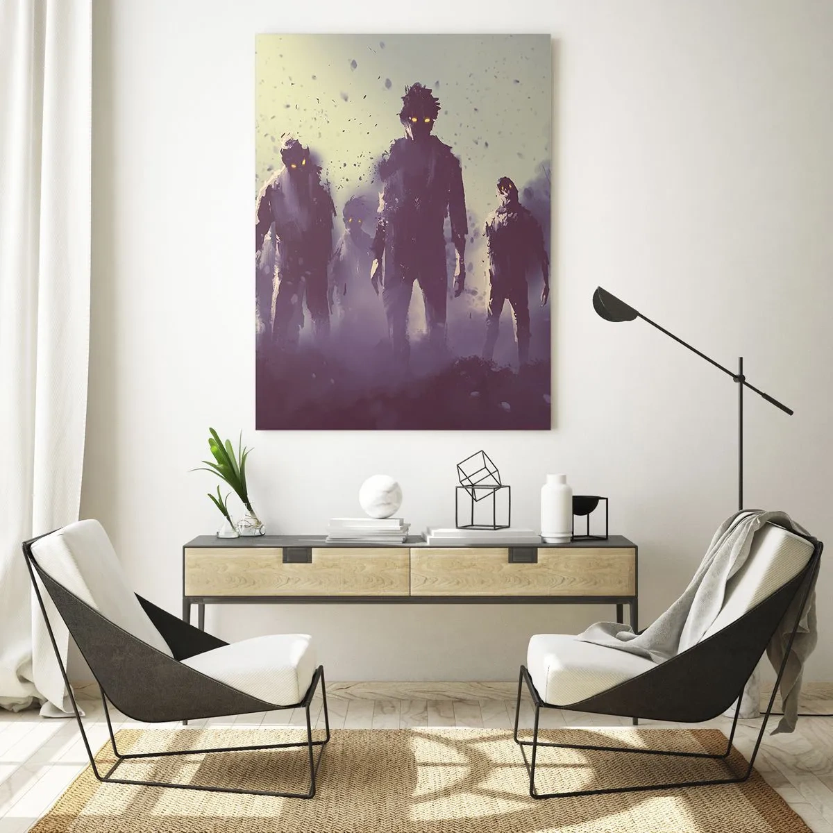 Obraz na szkle - Mroczna ilustracja grupy postaci w mgle - 50x70cm - Uważaj! Nadchodzą - Nowoczesna dekoracja ścienna do salonu, kuchni i sypialni ARTTOR