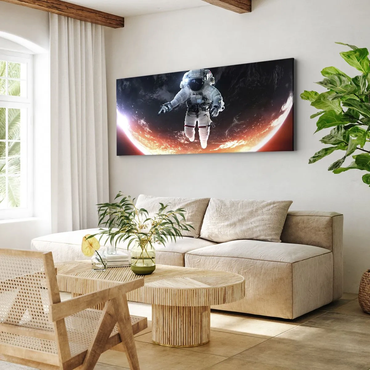 Obraz na płótnie - Astronauta unoszący się nad Ziemią oświetloną słońcem - 120x50cm - Mogę zostać jeszcze chwilę? - Nowoczesna dekoracja ścienna do salonu i sypialni ARTTOR