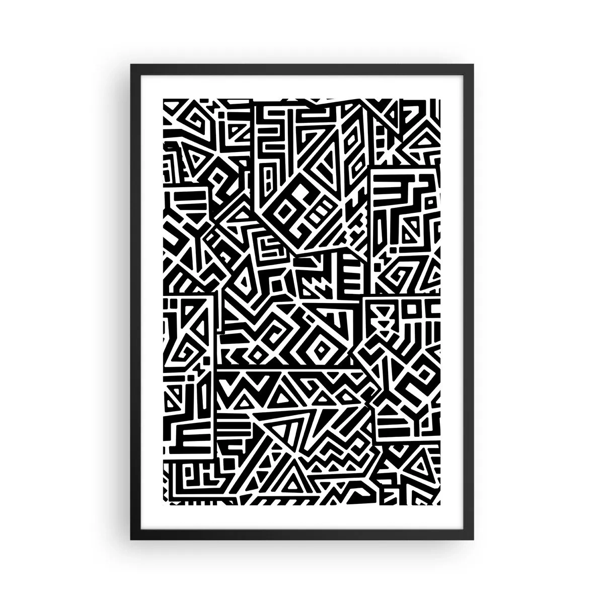 Plakat w czarnej ramie - Czarno-biały geometryczny wzór w stylu artystycznym - 50x70cm - Kompozycja prekolumbijska - Nowoczesna dekoracja ścienna do salonu i sypialni ARTTOR