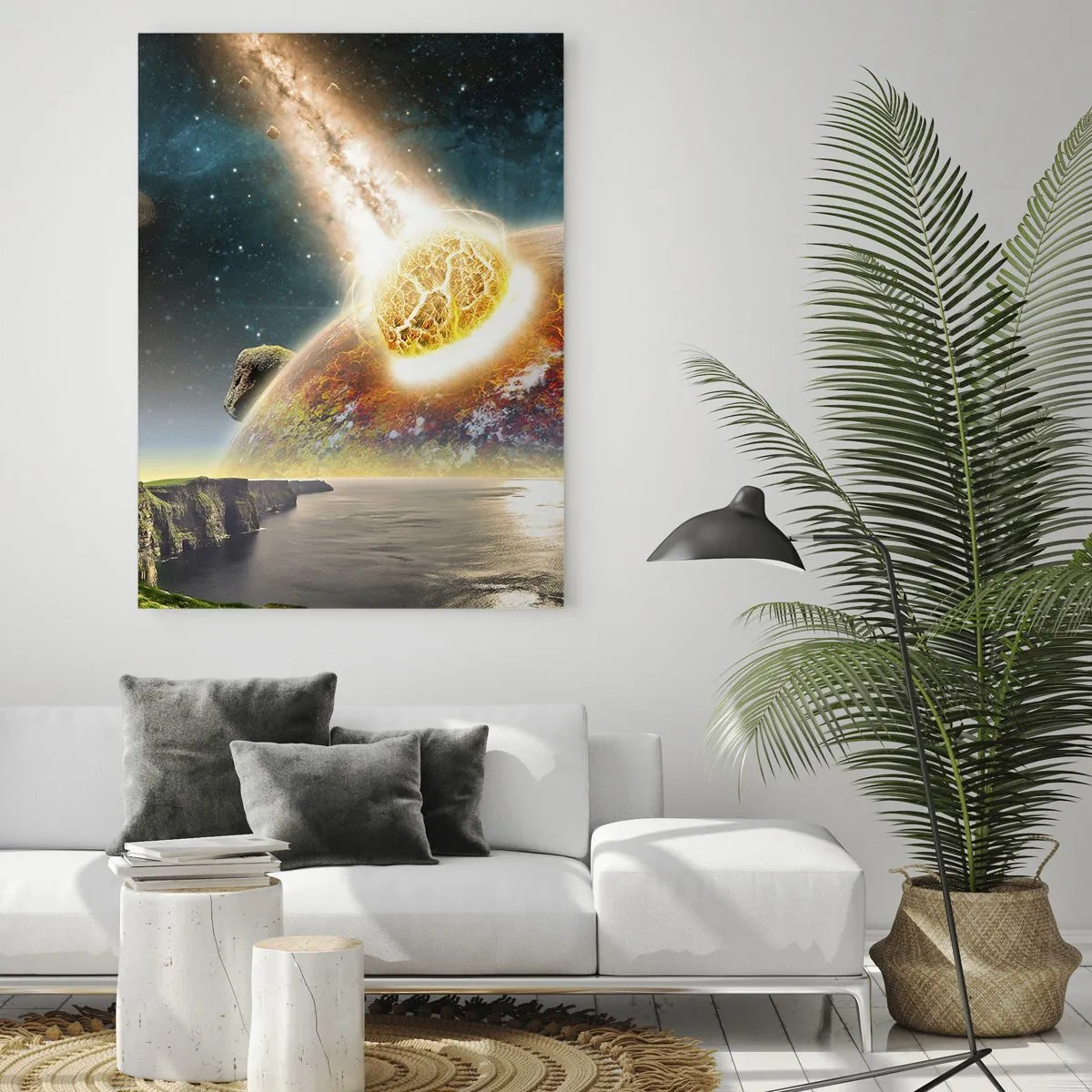 Obraz na szkle - Zderzenie meteorytu z planetą w kosmicznym krajobrazie - 70x100cm - Kosmiczny dramat - Nowoczesna dekoracja ścienna do salonu i sypialni ARTTOR