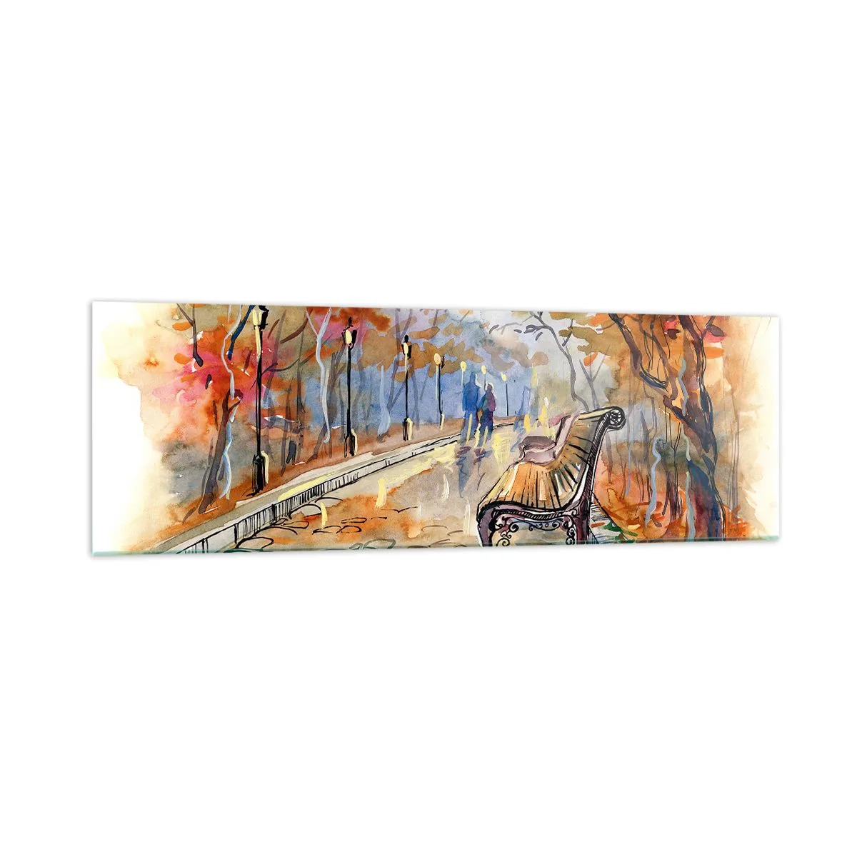Obraz na szkle - Jesienny park z ławką w akwarelowym ujęciu - 160x50cm - Razem powędrować w jesień - Nowoczesna dekoracja ścienna do salonu i sypialni ARTTOR