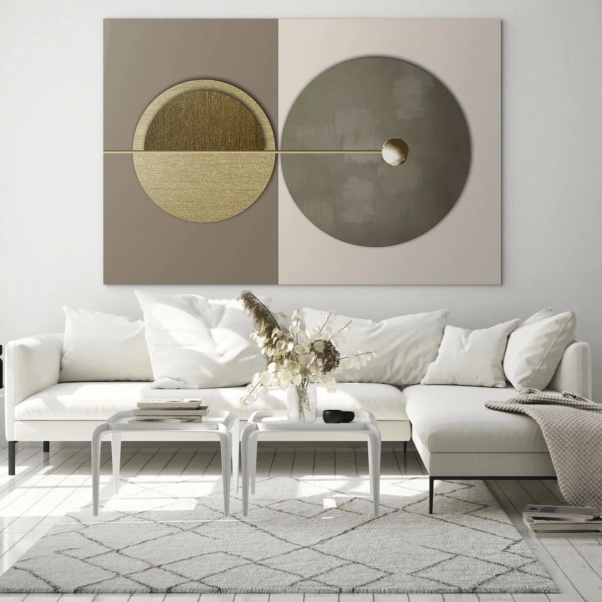 Obraz na szkle - Złote koła i linia w harmonijnej kompozycji - 70x50cm - Doskonała równowaga - Nowoczesna dekoracja ścienna do salonu i sypialni ARTTOR