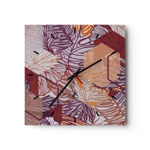 Zegar ścienny - Dekoracyjny wzór liści tropikalnych w odcieniach fioletu, pomarańczu i beżu - 30x30cm - Związek niemozliwy geometrii i natury - Nowoczesna dekoracja ścienna do salonu i sypialni ARTTOR