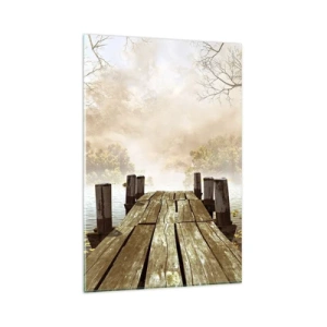 Obraz na szkle - Drewniane molo prowadzące na spokojne jezioro w porannej mgle - 80x120cm - Łagodny smutek jesieni - Nowoczesna dekoracja ścienna do salonu i sypialni ARTTOR