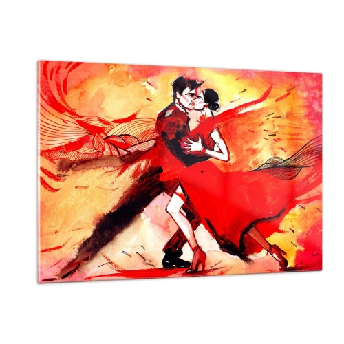 Obraz na szkle - Taniec pary w dynamicznej czerwonej kompozycji - 120x80cm - Purpurowy rytm namiętności - Nowoczesna dekoracja ścienna do salonu, kuchni i sypialni ARTTOR