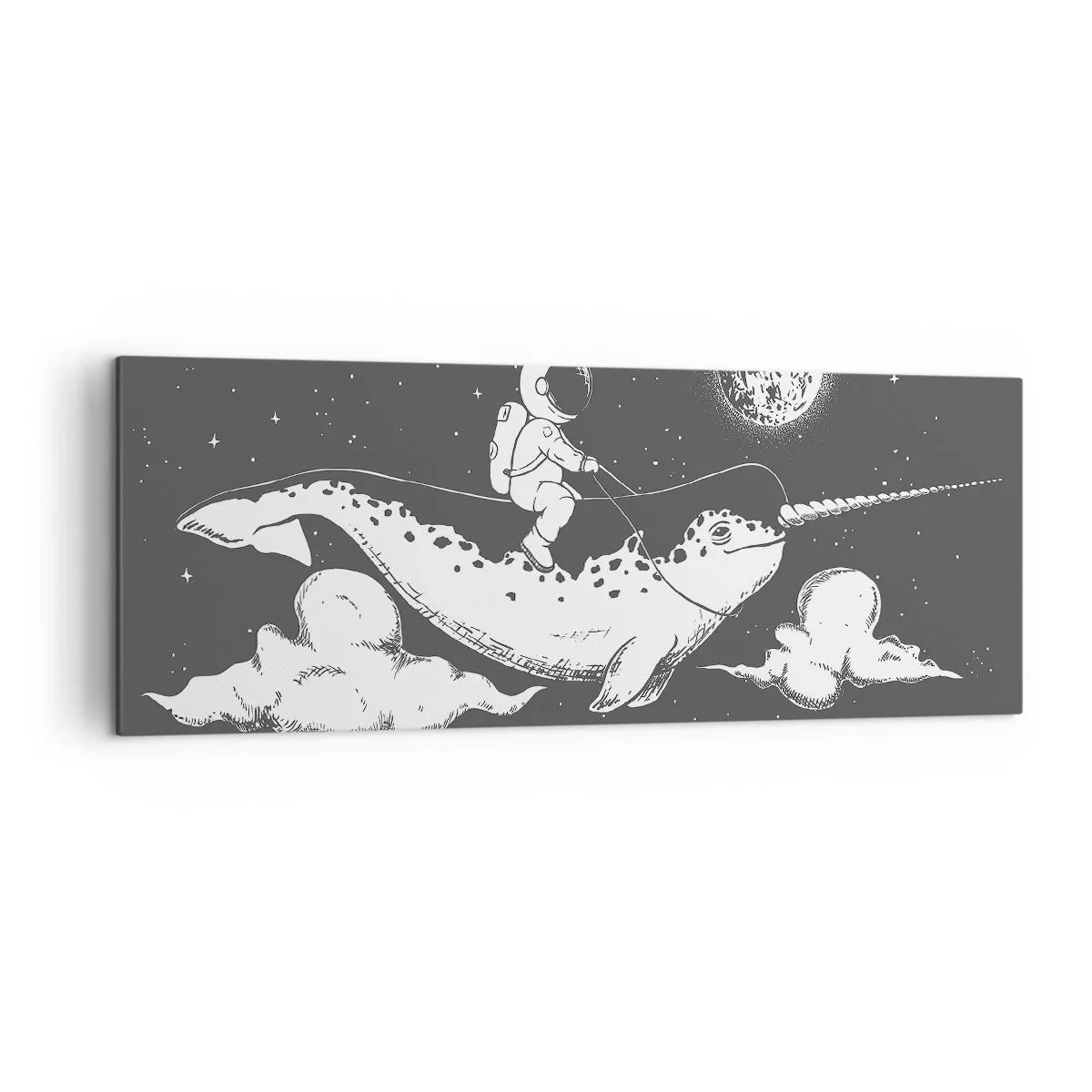 Obraz na płótnie - Astronauta na grzbiecie narwala unoszącego się w kosmicznej scenerii - 140x50cm - Kosmiczny jeździec - Nowoczesna dekoracja ścienna do salonu i sypialni ARTTOR
