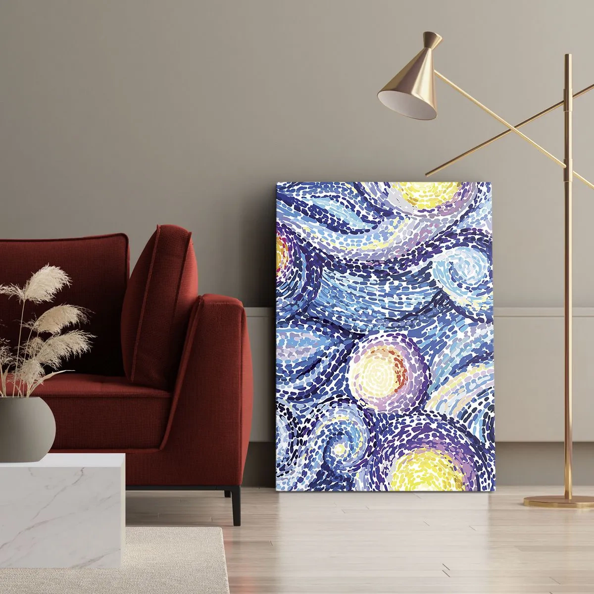 Obraz na płótnie - Abstrakcyjna kompozycja wirujących błękitnych i żółtych wzorów - 50x70cm - Z obrazu van Gogha - Nowoczesna dekoracja ścienna do salonu, kuchni i sypialni ARTTOR