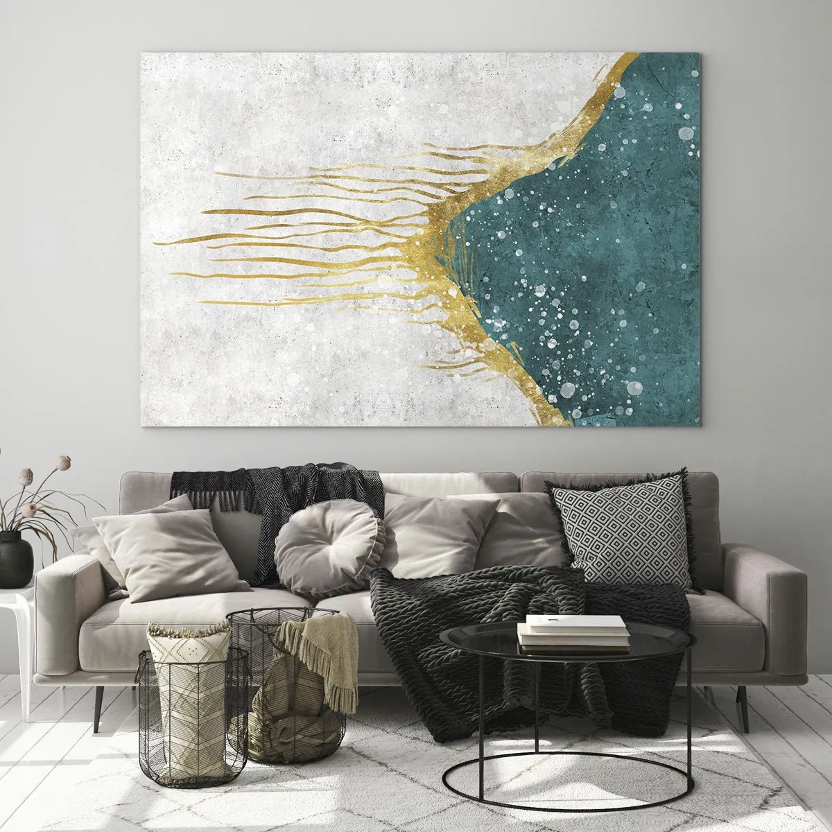 Obraz na szkle - Abstrakcyjny złoty wzór na tle turkusu i bieli - 70x50cm - Złoty przypływ - Nowoczesna dekoracja ścienna do salonu i sypialni ARTTOR