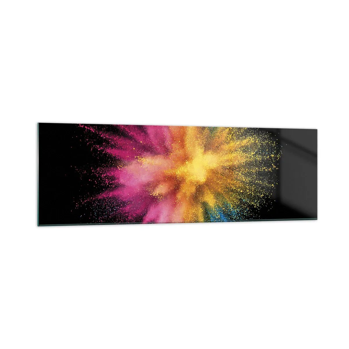 Obraz na szkle - Kolorowy wybuch proszków na czarnym tle - 160x50cm - Narodziny barw  - Nowoczesna dekoracja ścienna do salonu i sypialni ARTTOR