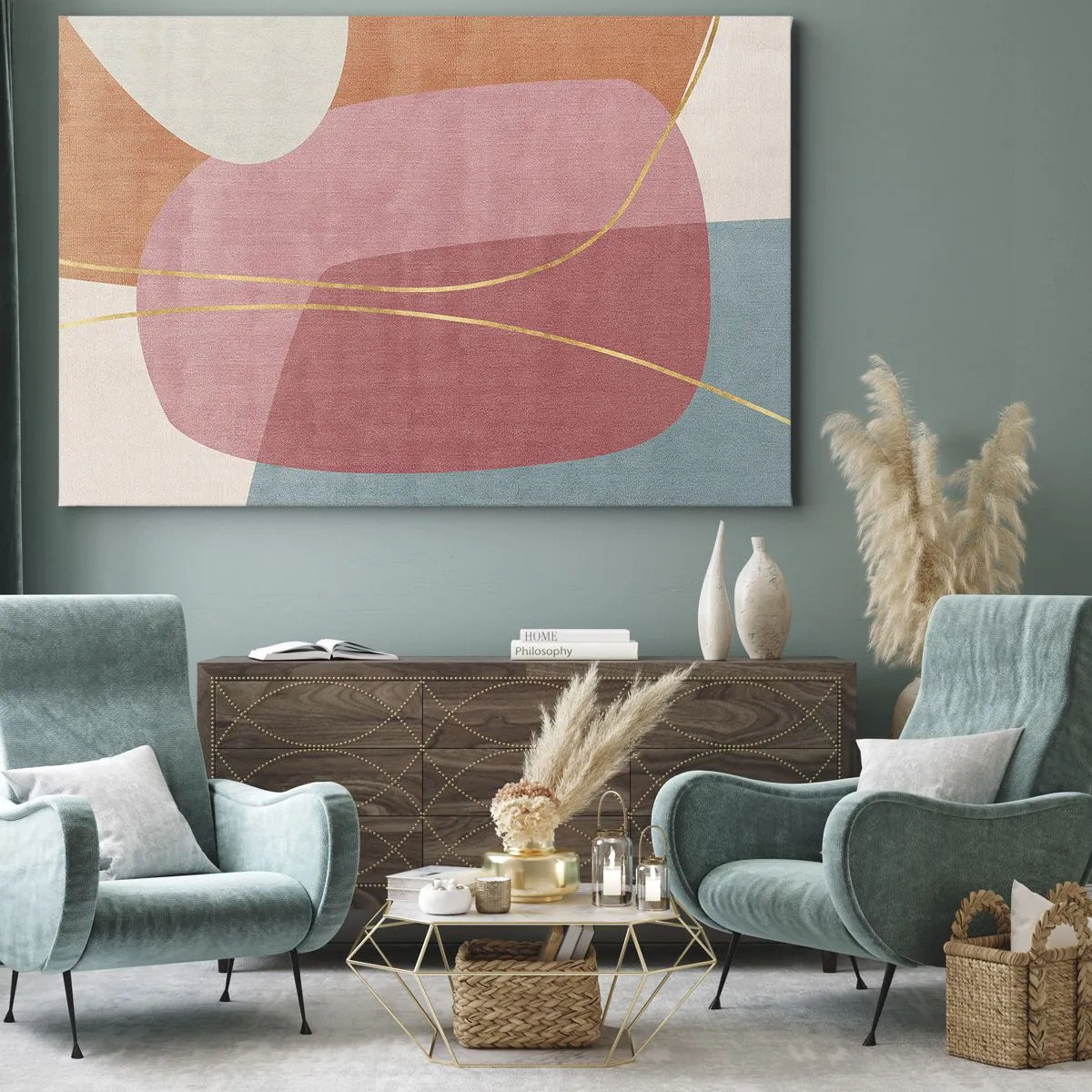 Obraz na płótnie - Abstrakcyjne kształty w pastelowych kolorach z delikatnymi liniami - 70x50cm - Pastelowa kompozycja z nicią złota - Nowoczesna dekoracja ścienna do salonu i sypialni ARTTOR