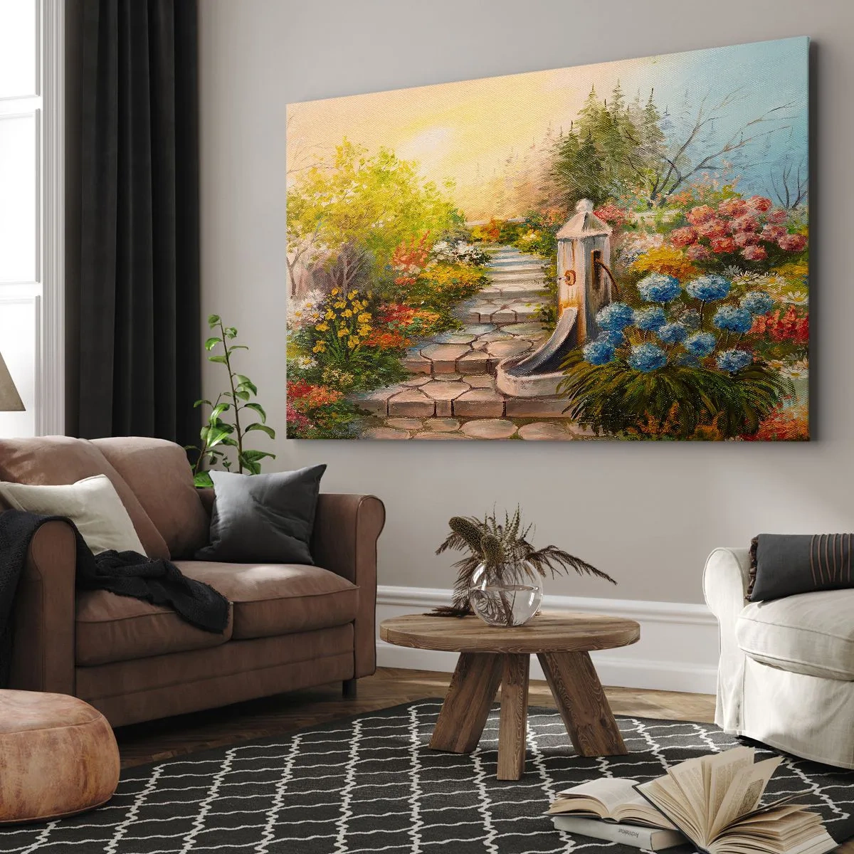 Obraz na płótnie - Malowniczy ogród z fontanną i kolorowymi kwiatami - 70x50cm - W pełnym rozkwicie - Nowoczesna dekoracja ścienna do salonu i sypialni ARTTOR