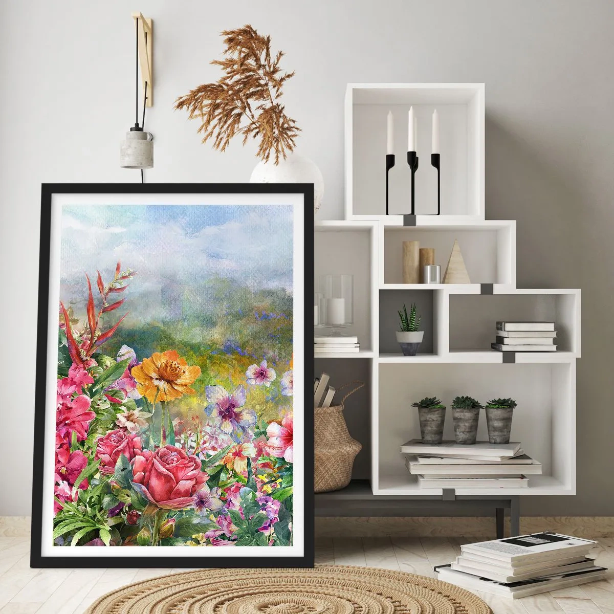 Plakat w czarnej ramie - Pole kwiatów w słoneczny dzień - 50x70cm - Ogród, który oszalał - Nowoczesna dekoracja ścienna do salonu i sypialni ARTTOR