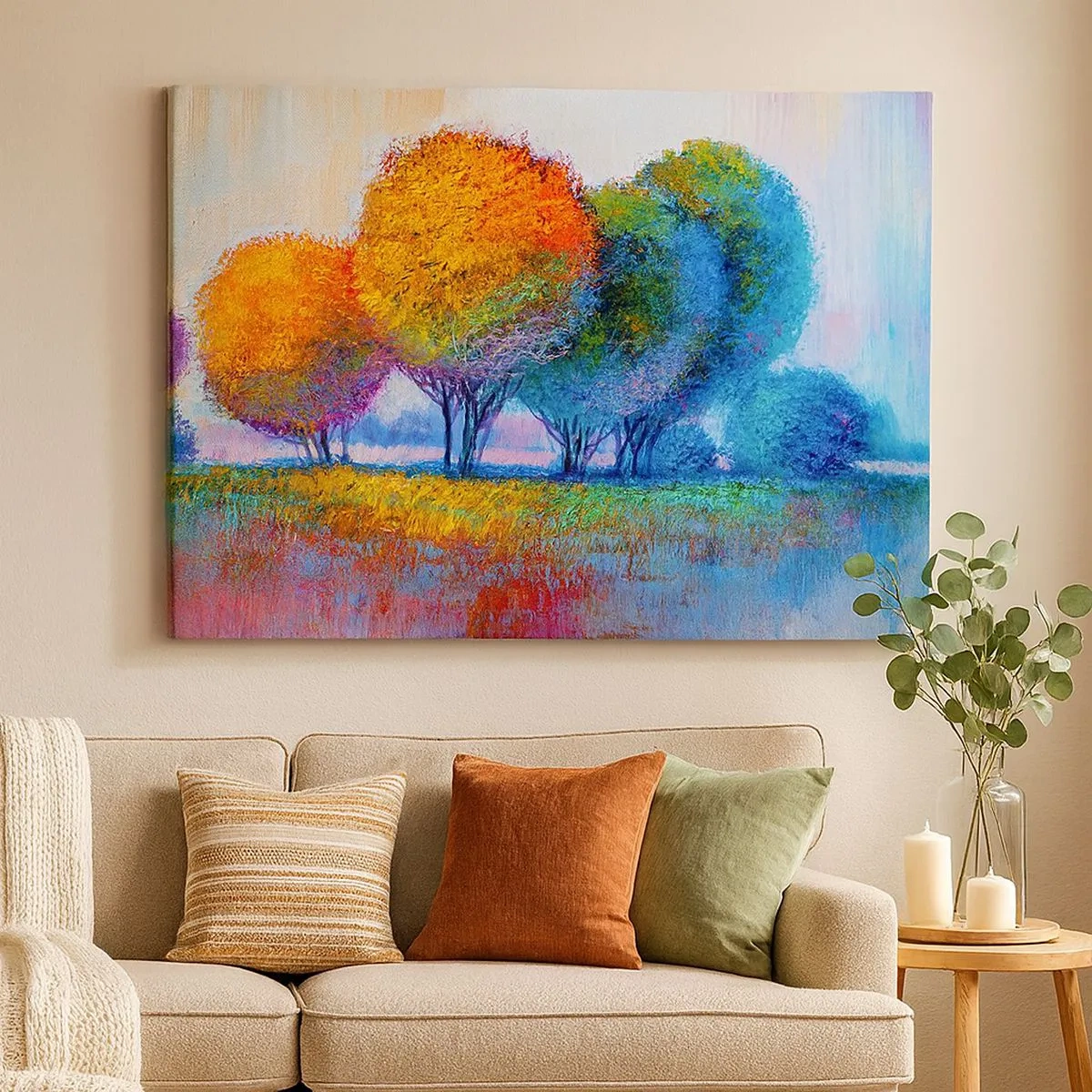 Obraz na płótnie - Kolorowe drzewa w pejzażu w stylu impresjonistycznym - 70x50cm - Kępa rzęsistych barw - Nowoczesna dekoracja ścienna do salonu i sypialni ARTTOR