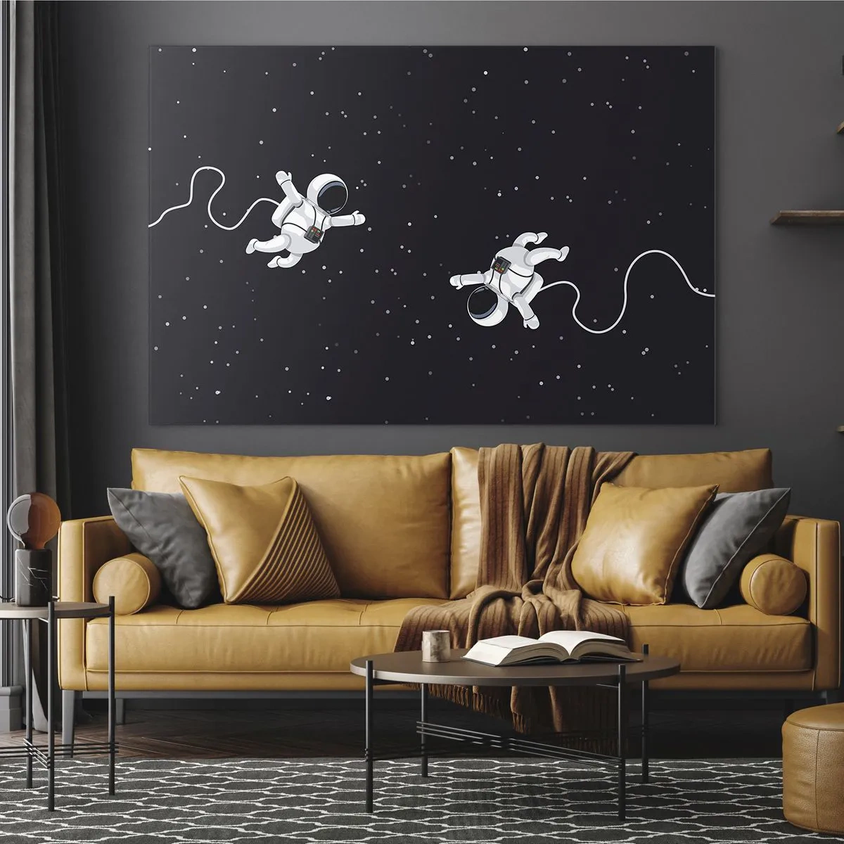 Obraz na szkle - Dwóch astronautów unoszących się w przestrzeni kosmicznej - 70x50cm - Kosmiczny pląs - Nowoczesna dekoracja ścienna do salonu i sypialni ARTTOR