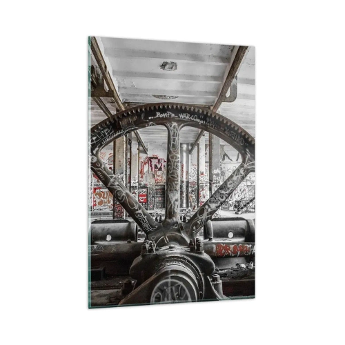 Obraz na szkle - Stary mechanizm w opuszczonym industrialnym wnętrzu - 80x120cm - Sekretne życie fabryki - Nowoczesna dekoracja ścienna do salonu i sypialni ARTTOR