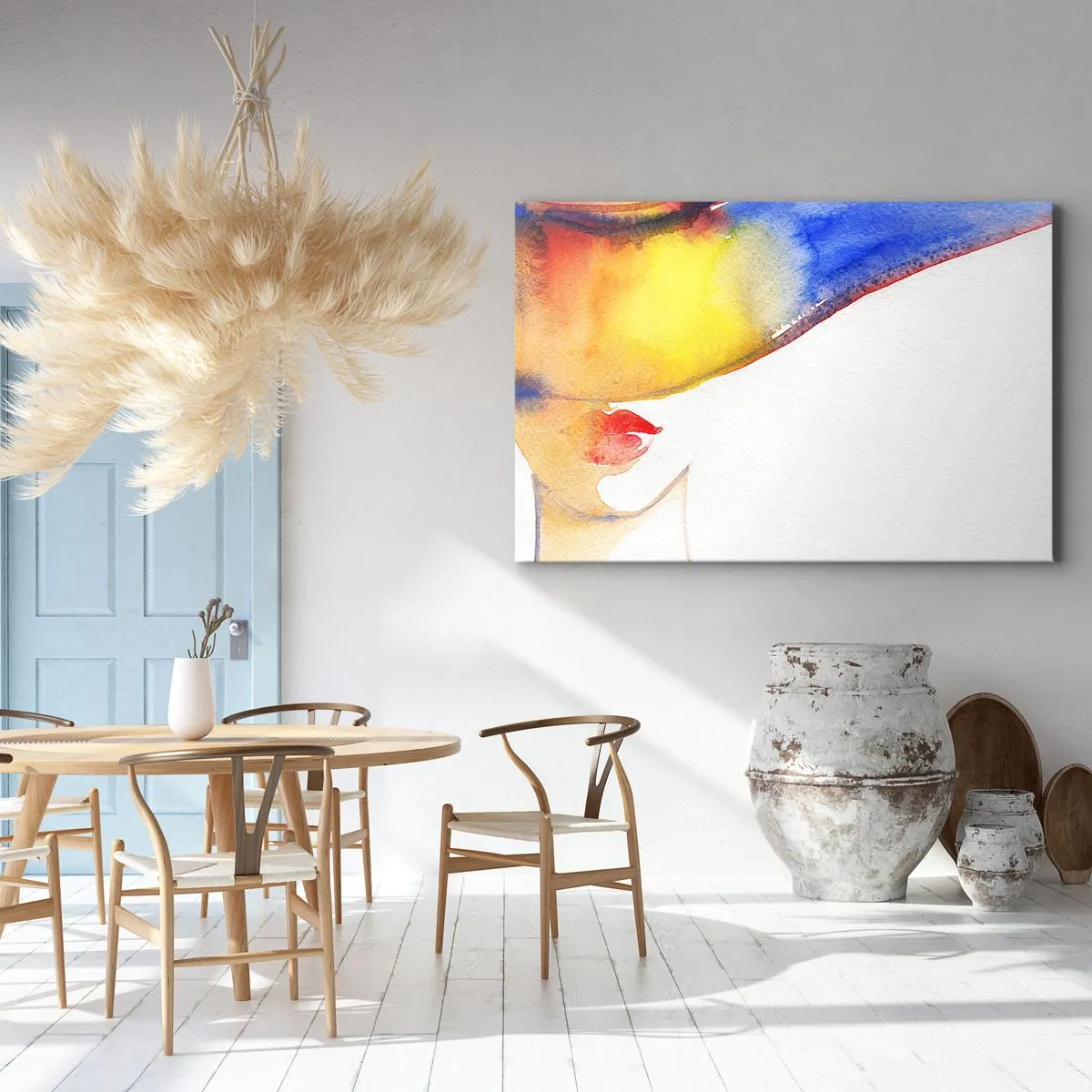 Obraz na płótnie - Minimalistyczna akwarela kobiecego profilu z kolorowym kapeluszem - 100x70cm - Portret damy - Nowoczesna dekoracja ścienna do salonu, kuchni i sypialni ARTTOR