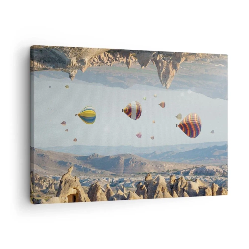 Obraz na płótnie - Kolorowe balony nad skalnym krajobrazem - 70x50cm - Tu wszystko jest możliwe - Nowoczesna dekoracja ścienna do salonu i sypialni ARTTOR
