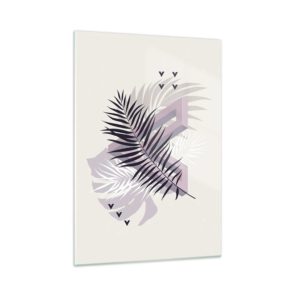 Obraz na szkle - Minimalistyczna kompozycja z liśćmi palmy i geometrycznymi kształtami - 50x70cm - Cień cienia - Nowoczesna dekoracja ścienna do salonu, kuchni i sypialni ARTTOR