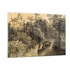 Obraz na szkle - Retro rycina przedstawiająca podróż przez dżunglę - 120x80cm - Wyprawa do źródła - Nowoczesna dekoracja ścienna do salonu, kuchni i sypialni ARTTOR
