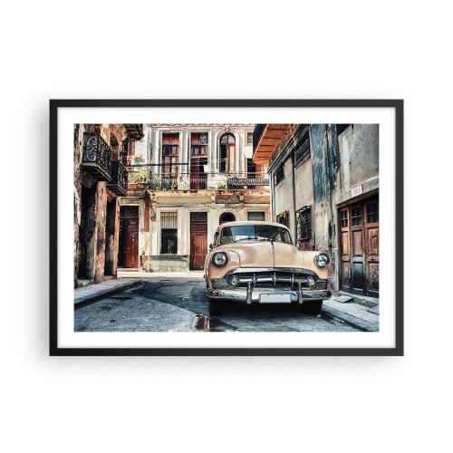 Plakat w czarnej ramie - Klasyczny samochód na tle miejskiej architektury - 70x50cm - Sjesta w Hawanie - Nowoczesna dekoracja ścienna do salonu i sypialni ARTTOR