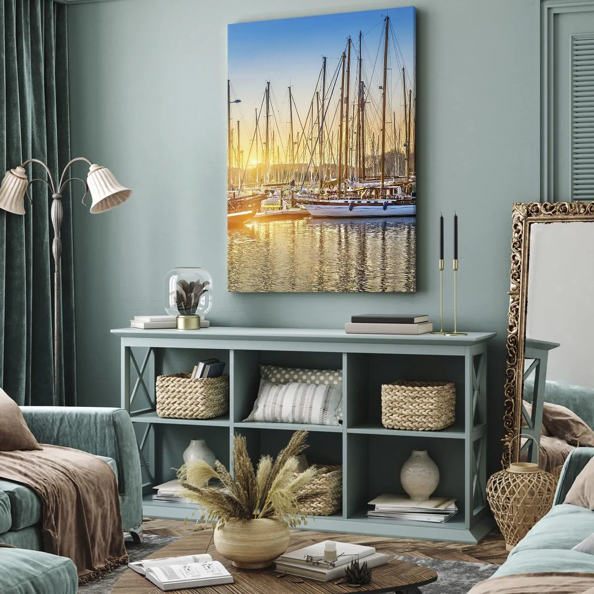 Obraz na płótnie - Port z żaglówkami oświetlony zachodzącym słońcem - 50x70cm - Wiatr też musi spać - Nowoczesna dekoracja ścienna do salonu, kuchni i sypialni ARTTOR