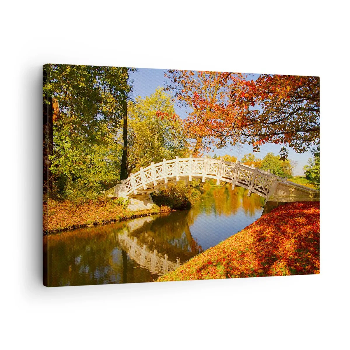 Obraz na płótnie - Mostek w parku otoczony jesiennymi liśćmi nad spokojną wodą - 70x50cm - Na białym mostku westchnień - Nowoczesna dekoracja ścienna do salonu i sypialni ARTTOR