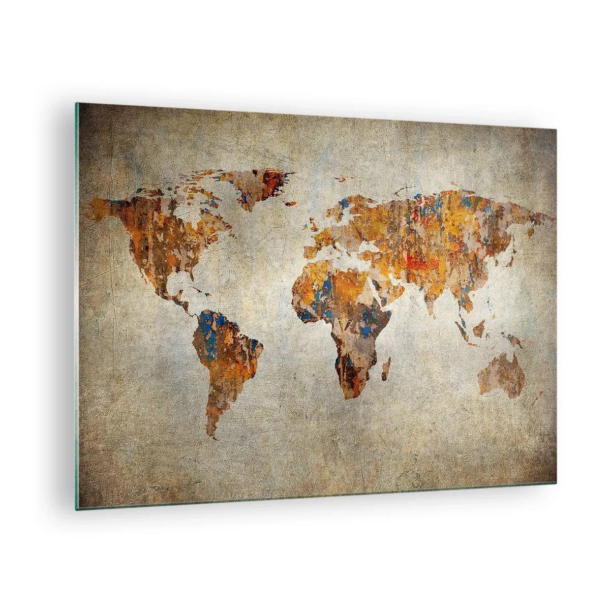 Obraz na szkle - Artystyczna mapa świata w ciepłych odcieniach - 70x50cm - Naprawdę wielki świat - Nowoczesna dekoracja ścienna do salonu i sypialni ARTTOR