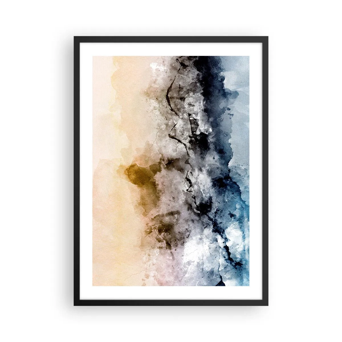 Plakat w czarnej ramie - Abstrakcyjna kompozycja w odcieniach błękitu i beżu - 50x70cm - Zatopione w tumanie mgły - Nowoczesna dekoracja ścienna do salonu i sypialni ARTTOR