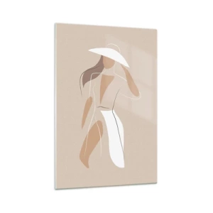 Obraz na szkle - Minimalistyczny rysunek kobiety w kapeluszu na beżowym tle - 70x100cm - Moda to zabawa - Nowoczesna dekoracja ścienna do salonu i sypialni ARTTOR