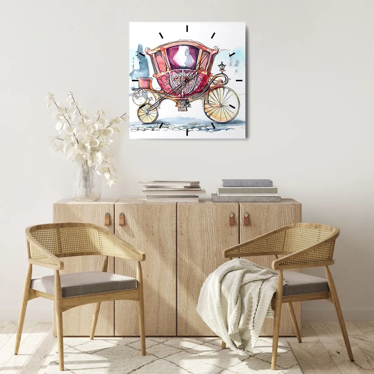 Zegar ścienny - Stylowa ilustracja zabytkowej karety w pastelowych kolorach - 30x30cm - Do ślubu czy na bal? - Nowoczesna dekoracja ścienna do salonu i sypialni ARTTOR