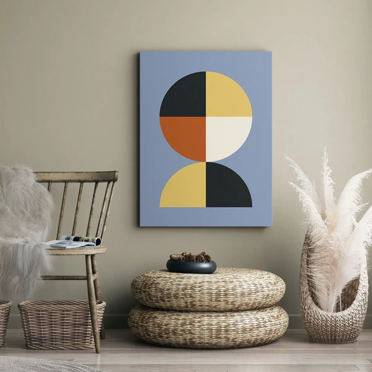 Obraz na płótnie - Geometryczny wzór z półkolami i ćwiartkami koła na niebieskim tle - 50x70cm - Patrz i licz - Nowoczesna dekoracja ścienna do salonu, kuchni i sypialni ARTTOR