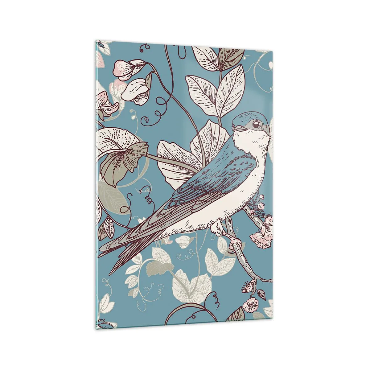 Obraz na szkle - Ptak na gałęzi w delikatnym floralnym stylu - 70x100cm - W białodrzewiu ćwirnie i srebliście - Nowoczesna dekoracja ścienna do salonu i sypialni ARTTOR