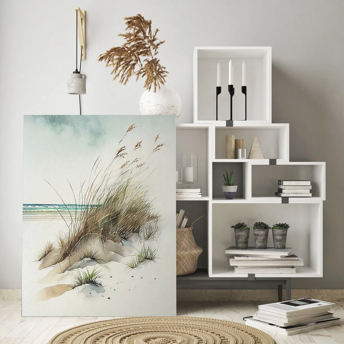 Obraz na szkle - Akwarelowy pejzaż nadmorski z wydmami i trawami na tle spokojnego morza - 80x120cm - Otulone piaskiem - Nowoczesna dekoracja ścienna do salonu i sypialni ARTTOR