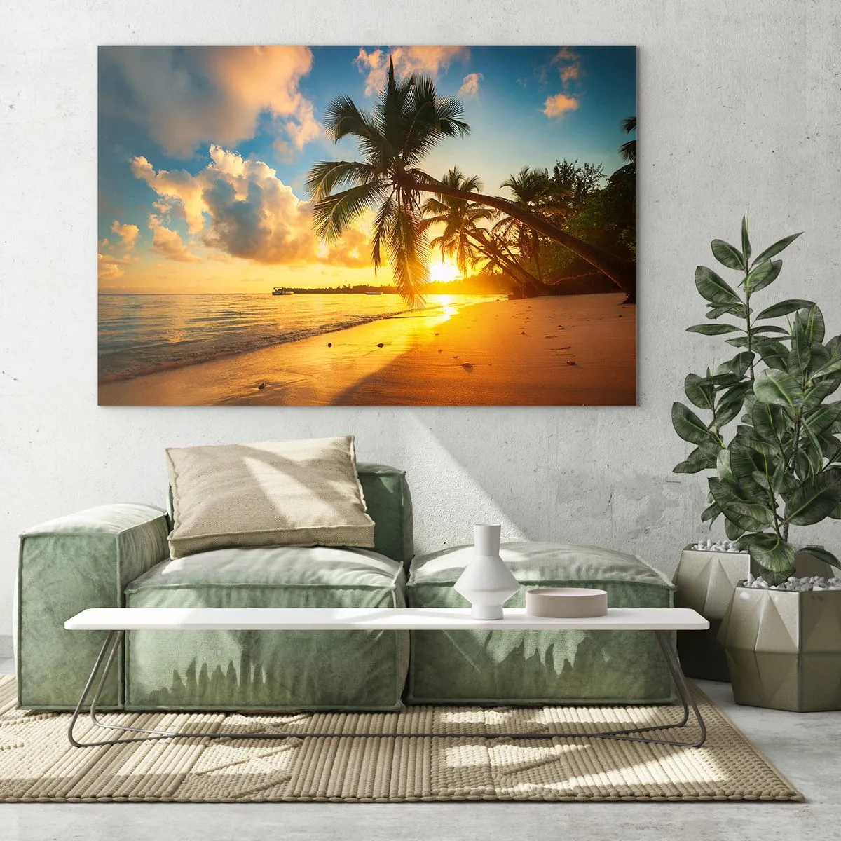 Obraz na szkle - Tropikalna plaża z palmami o zachodzie słońca - 70x50cm - Karaibskie marzenie - Nowoczesna dekoracja ścienna do salonu i sypialni ARTTOR