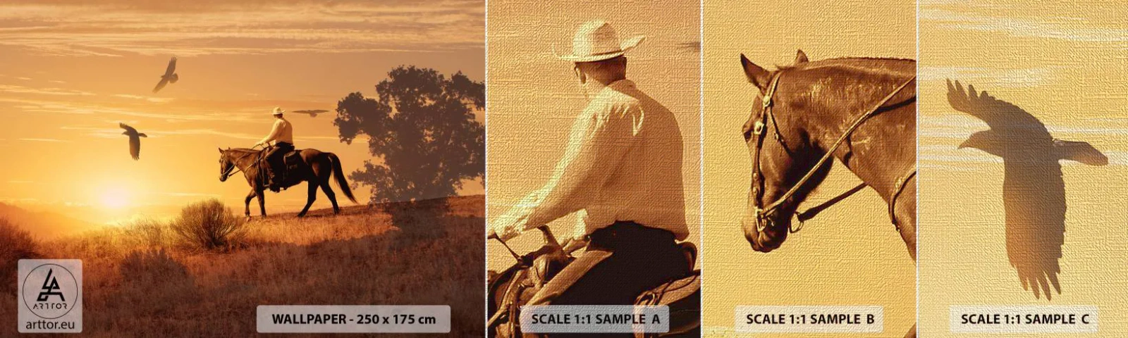 Fototapeta Próbka Premium Canvas - Samotnie przez prerię - Koń, Kowboj, Krajobraz - 100x30 cm