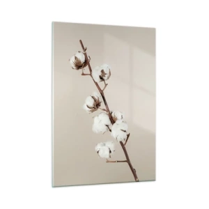Obraz na szkle - Gałązka bawełny na jasnym, minimalistycznym tle - 50x70cm - U źródła miękkości - Nowoczesna dekoracja ścienna do salonu, kuchni i sypialni ARTTOR