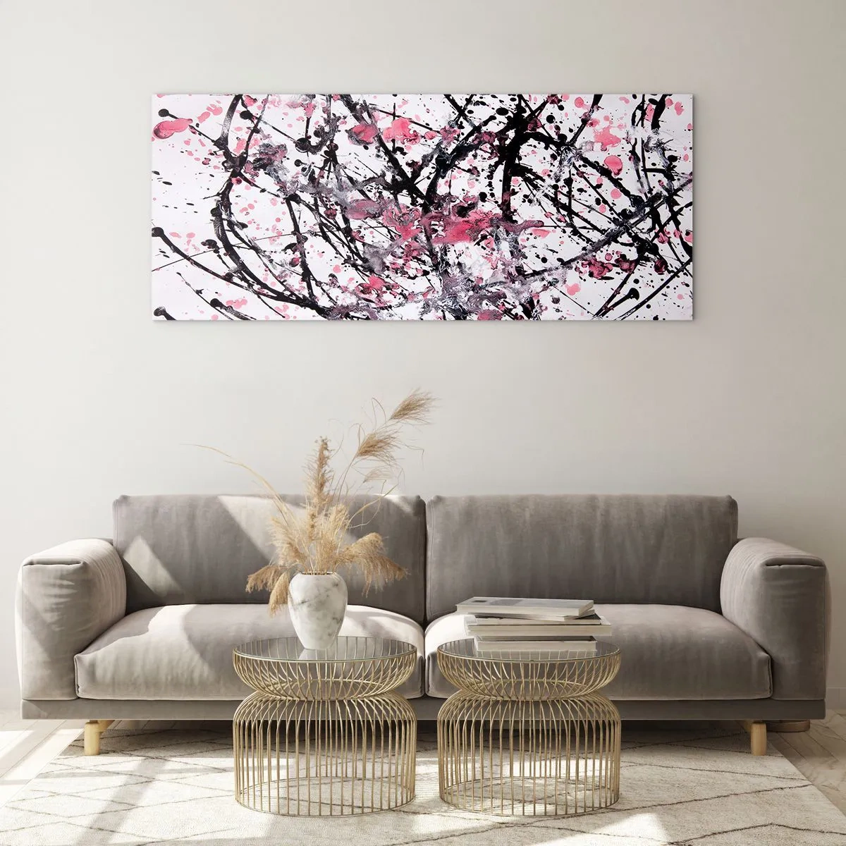 Obraz na szkle - Abstrakcyjny wzór w odcieniach różu, czerni i bieli - 140x50cm - Ulotna natura życia - Nowoczesna dekoracja ścienna do salonu i sypialni ARTTOR