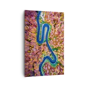 Obraz na płótnie - Kręta droga w jesiennym lesie widziana z lotu ptaka - 80x120cm - Krętą drogą poprzez las - Nowoczesna dekoracja ścienna do salonu i sypialni ARTTOR