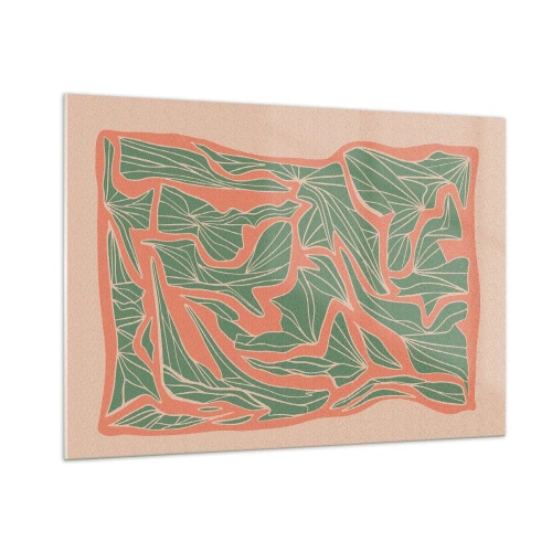 Obraz na szkle - Zielone liściaste formy otoczone koralową ramą na beżowym tle - 100x70cm - Zmagania koralu i zieleni - Nowoczesna dekoracja ścienna do salonu, kuchni i sypialni ARTTOR